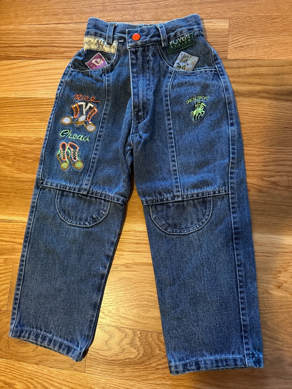 Dunbrooke Kids Vintage Denim Jeans with Colorful Embroidery - Green & Orange